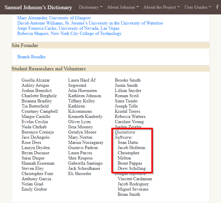 Johnson's Dictionary Online Community Page, with the Section Quotations Software Highlighted